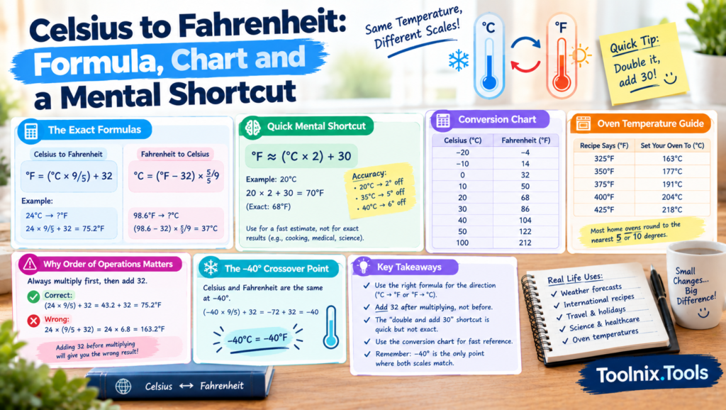 Celsius to Fahrenheit conversion formula and chart illustration