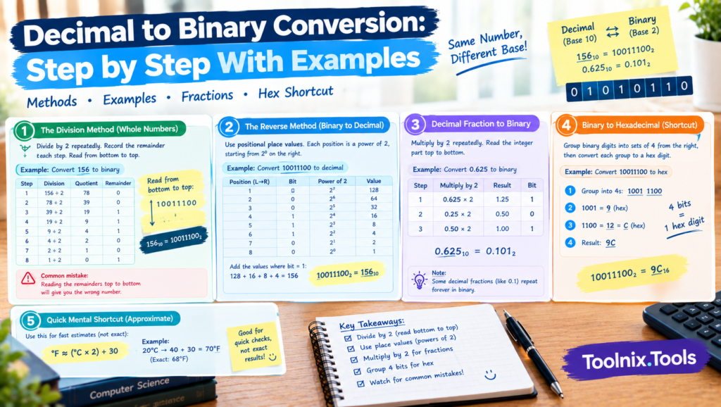 Step by step decimal to binary division method table and example