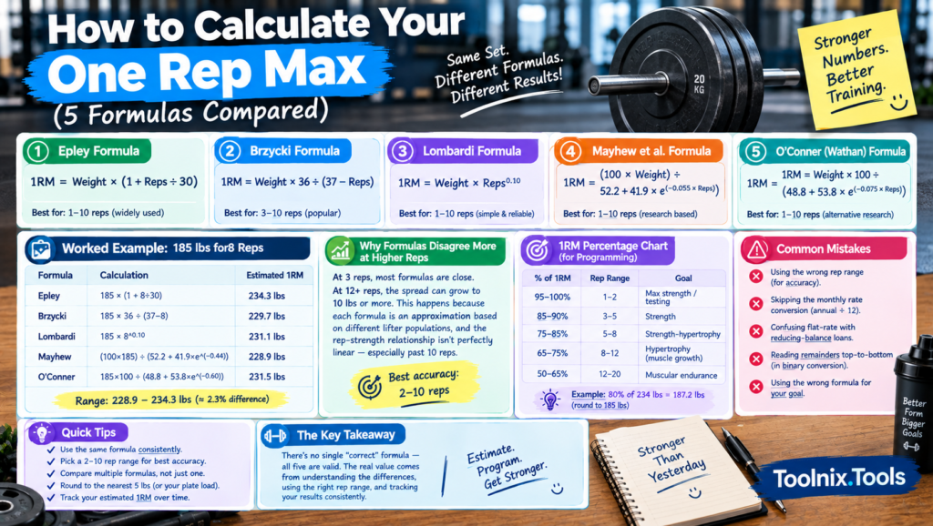 One rep max calculation formula comparison table and percentage chart