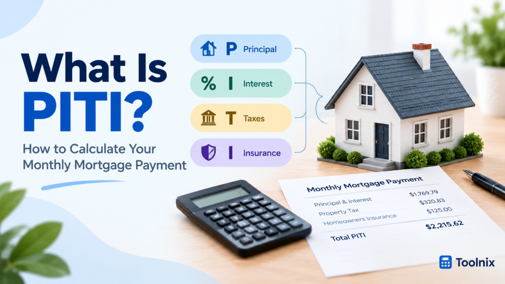 Diagram of PITI showing principal and interest and taxes and insurance as parts of a monthly mortgage payment